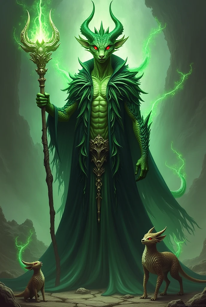 Create a half-dragon creature with green scales and red eyes, humanoid,with a wizard&#39;s clothes a black cloak with green details,with an aura of green power, holding a staff, and with creatures as a mascot