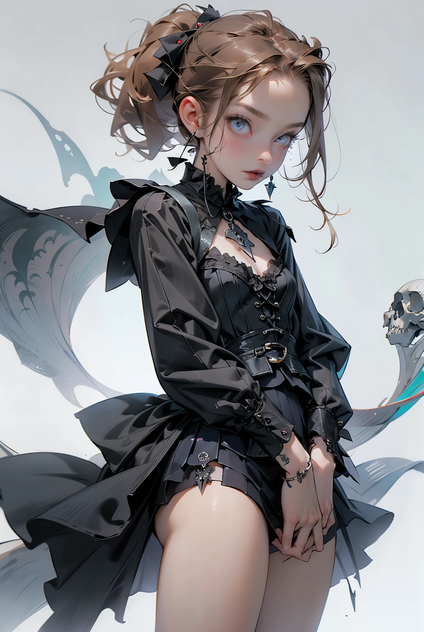 ((best quality)), ((masterpiece)), (detailed), perfect face, hand drawn style, hand painted style, watercolour, sketch, a knight, white background, plain background, Bloodborne inspired, tatty Bloodborne attire, occult aesthetic, occult, tatty red and white clothing detailed and intricate steampunk and detailed gothic lolita (with a hood), long coat, (thigh high flared socks), Complex laced boots, Fluttering lace flared long knee length dress with frilly petticoats, long dress, knee length dress, pleated petticoats, lolita dress, petticoats gothic lolita aesthetic, small breasts, (flat chest:1.1), (((( Highly detailed face))), small thin nose, Small thin lips mouth, (((Very sharp focused eyes))), very long eyelashes, ((dark hair)), ((ponytail, thick ponytail, heavy ponytail)), white background, Very dramatic and cinematic lighting, tatty damaged old red and white clothing, full body, whole body, body, cosmic horror, grim dark, (Gothic Horror:1.7)