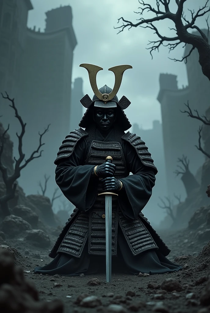 black samurai kneeling at evil world