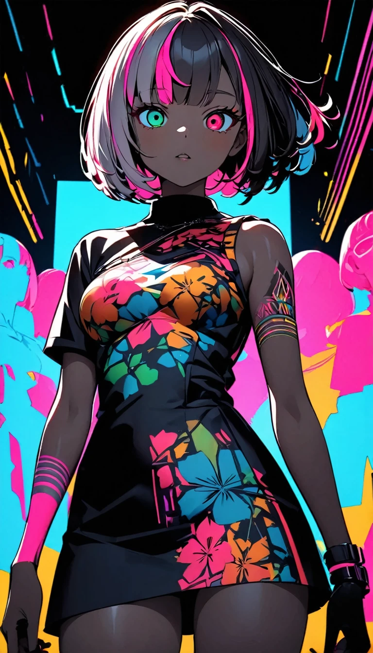 (high quality, 8k, 4K, High Contrast, masterpiece:1.2, 最high quality, Best aesthetics), (Dynamic Angle), girl、slim:1, Bright colors、Beautiful fine details、Beautiful lip detail、extra short hair, ((bob cut:1.5))、pink and purple, ((streaked hair:1.9)), (highlights hair: 1.6), heterrochromia, green eye, red eye, slim body, (medium breast:0.7), (Floral Fineline tattoo design on left arm:1), (tan skin:0.3), mini dress, (cyber punk:0.2, Flat Color:0.3, Colorful art:0.4, Looking at the audience, Colored Background, High Contrast, Contrasting colors), Cowboy Shot,