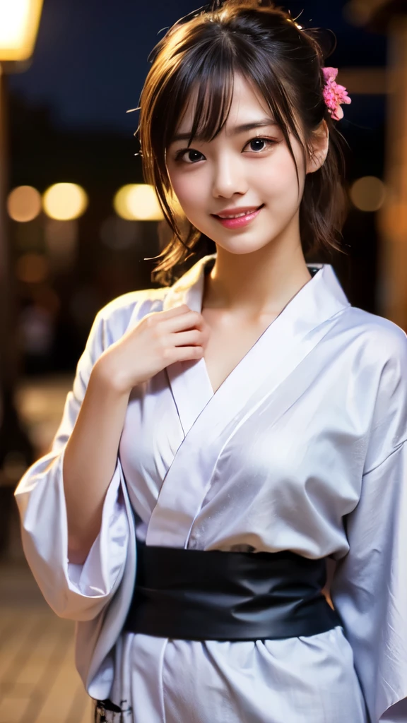 8k,Highest quality,(masterpiece:1.2),(Realistic),(Realistic:1.37),Ultra-high resolution,1 female college student,festival,night,smile,Beautiful Eyes,(((Cute Yukata))),Perfect body,Perfect Fingers,Professional Lighting,gravure,Detailed face and skin texture,fine grain,RAW Photos