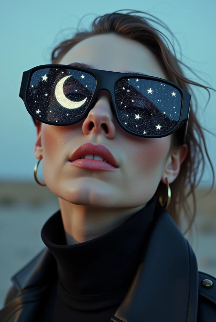The model is wearing glass sunglasses with stars and the moon on the glass