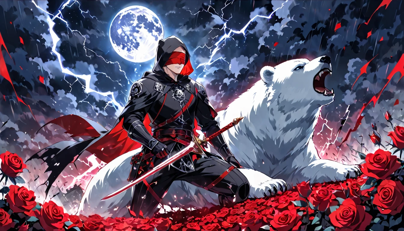 draw a dynamic picture. In it a man with a black hood and a long sword is riding a polar bear while the moon shines, Roses cover the ground and lightning falls from the sky. The man wears a red blindfold. The background of the picture in red.