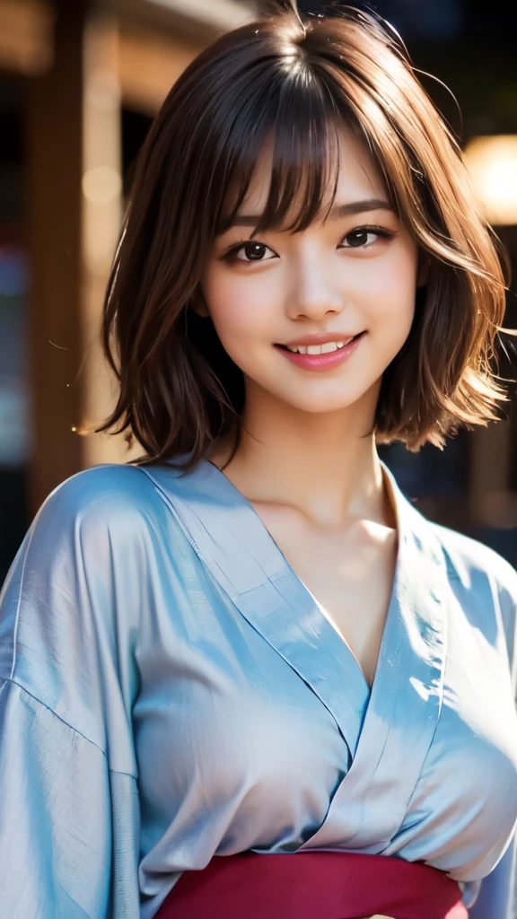 8k,Highest quality,(masterpiece:1.2),(Realistic),(Realistic:1.37),Ultra-high resolution,1 female college student,festival,night,smile,Beautiful Eyes,(((Cute Yukata))),Perfect body,Perfect Fingers,Professional Lighting,gravure,Detailed face and skin texture,fine grain,RAW Photos