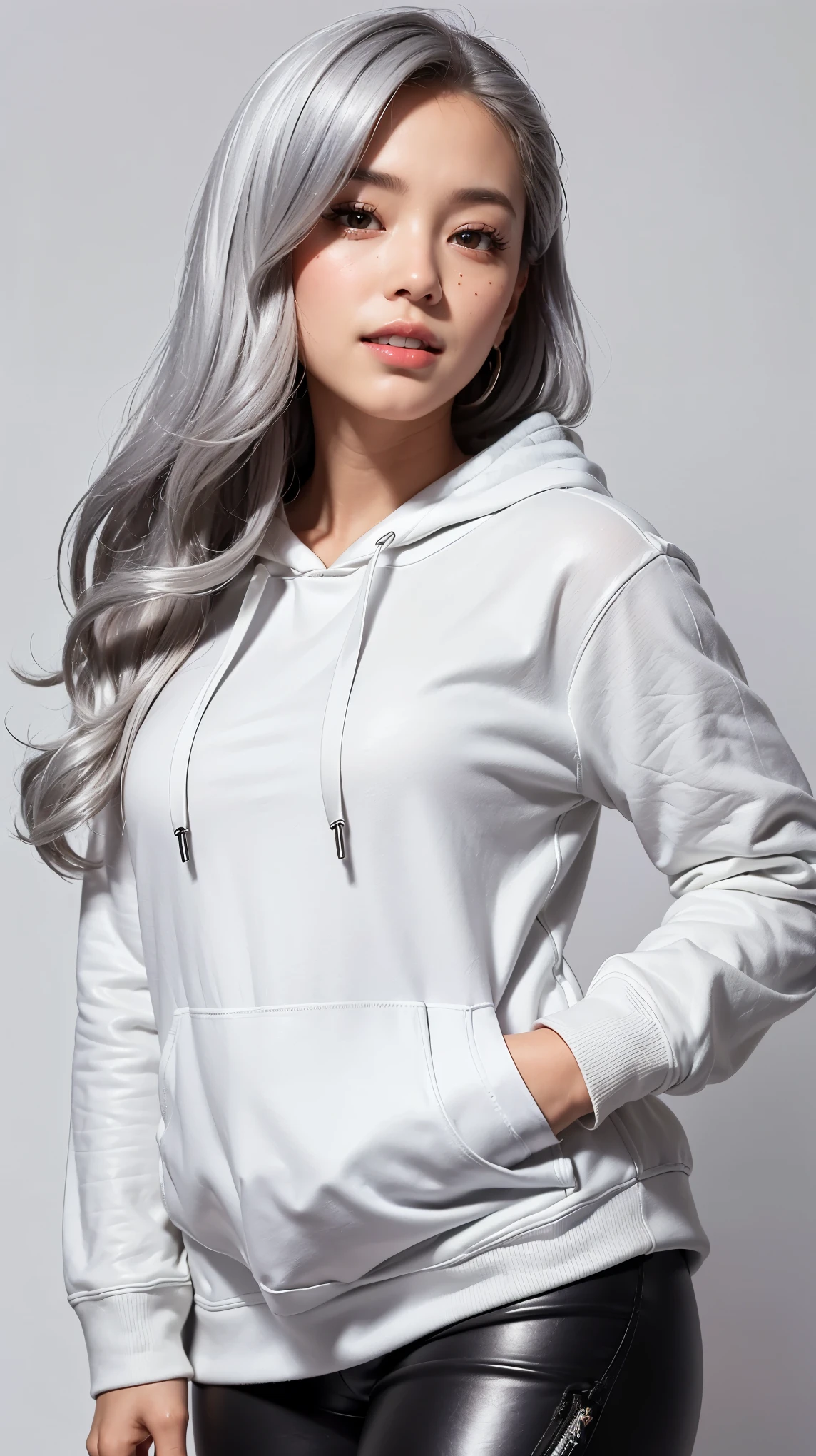 Realistic, masterpiece, Highest quality, Highest Resolution, Anatomically correct, Accurate Anatomy, (Gray blank background:1.3), (1girl:1.3), 22 years old, Height: 168cm, 8 heads, Shot from thigh up, (Thick thighs:1.2), (Long Hair, Straight Hair, Silver Hair:1.3), (Squint your eyes, Sharp Eyes, (Iris:1.2)), (Hidden eyelid wrinkles:1.2), Thin eyebrows, Draw eyelashes carefully, Natural Makeup, Chin up, Grin, profile, (White hoodie, Black Leather Pants:1.3), (Barker's hood is not on, There are two strings:1.3), (Sitting with legs spread on a simple chair:1.2)