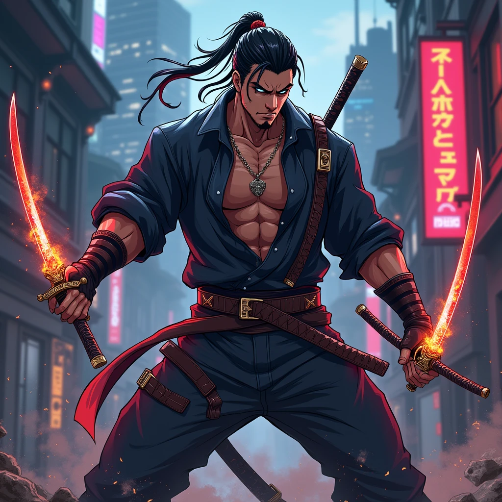 Personnage d’anime de combat hyper stylé, masculin, il doit avoir 3 katana maudits, c’est un chasseur de prime