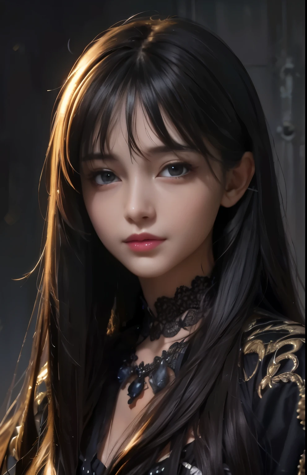 (extremely realistic), (illustration), (improved resolution), (8k), (very detailed), (Best illustration), (beautiful and delicate eyes), (best quality), (very detailed), (masterpiece ), ( wallpaper), (detailed face), alone, 1 girl, looking at viewer, fine details, detailed face, in the dark, deep shadows, low key, pure face_v1, smiling, long hair, black shawl straight hair , 46 point diagonal bangs