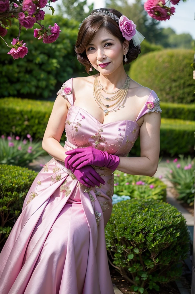 ((Masterpiece)), ((Best Quality)), A middle-aged short-hair woman, ((She is wearing an ornamental light magenta color wedding dress)), She is wearing gloves on her hands., outdoor, She is in a garden. She is wearing a big necklace.