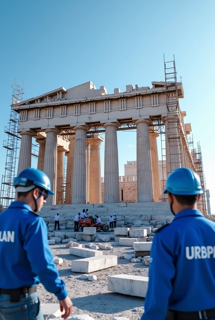 Develop a realistic 4K image of the Parthenon of Athens under construction. Workers should be using Personal Protective Equipment (epis) in blue color, with the name 'URBPLAN' written in white on the helmets. The Parthenon should be partially built, with scaffolding around the columns and marble blocks being lifted and positioned. The image should have predominant colors in shades of blue, providing a striking and modern visual contrast with the classical architecture