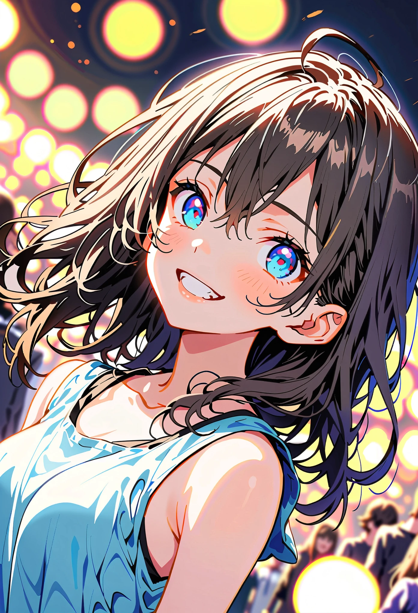 masterpiece, Highest quality, Highly detailed CG Unity 8k wallpaper, High School Girl Anime Illustration. Wear an oversized tank top、Standing in honorポーズをする、crossed armsポーズをする、she has her eyes closed and mouth open, big smile. The background is a light pastel colored landscape, black hair color, Blue eyes, Dynamic Angle、bokeh photography, (soft focus):1.2, out-of-focus highlights, dreamy ambiance, glowing circles, mesmerizing depth, Depth of written boundary