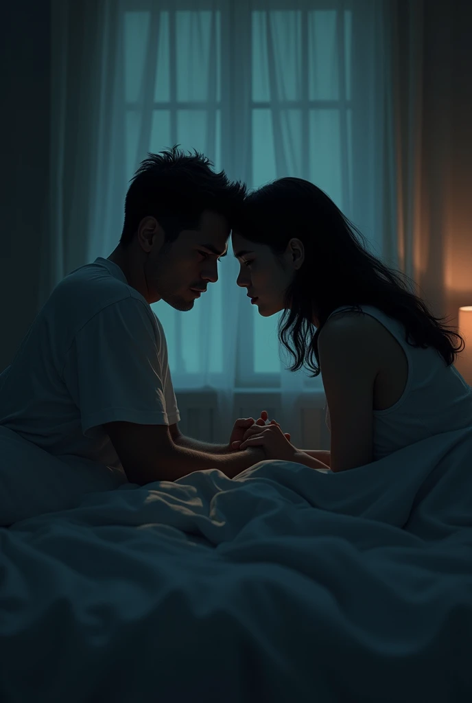 A couple is in a dimly lit bedroom, facing away from each other in bed. The room has a tense atmosphere, with the man visibly frustrated and the woman looking sad.