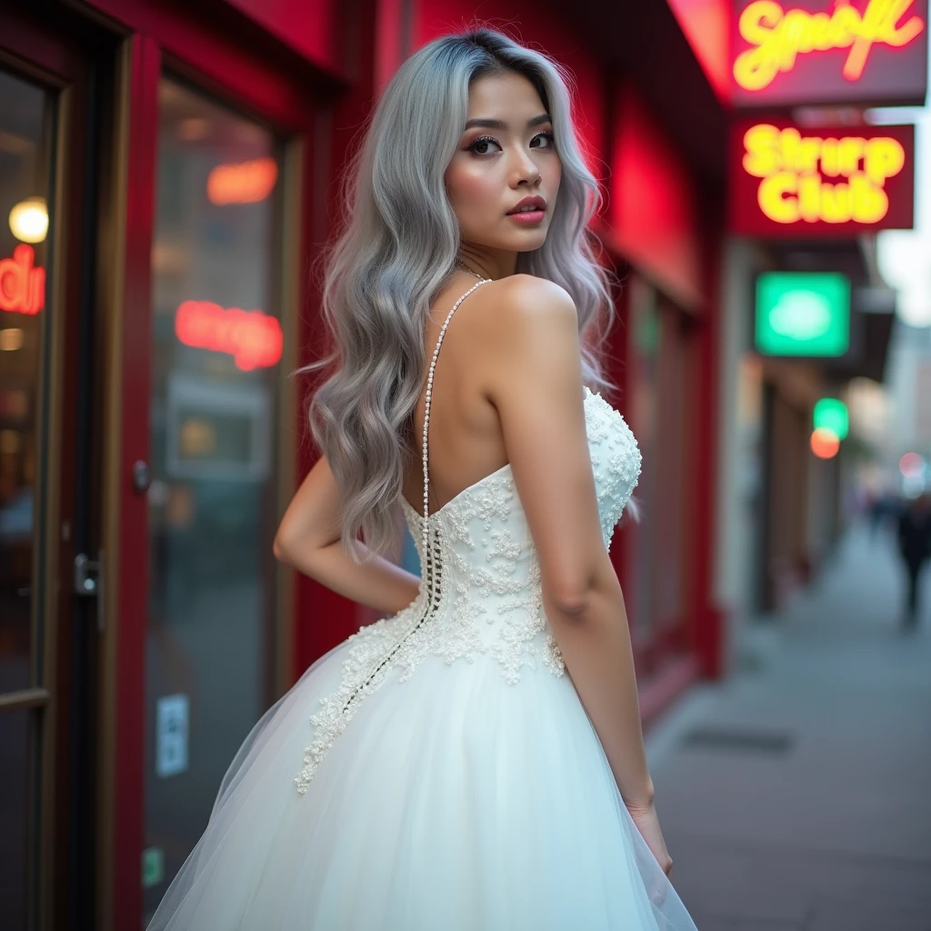 A stunning East Asian woman with a sexy face and a big booty in a white penny, wedding dress, and gray hair poses outside a strip club.