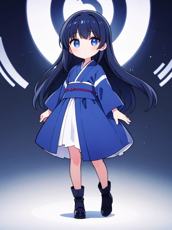 1girl,blue kimono,chibi,full body,black hair,long hair,