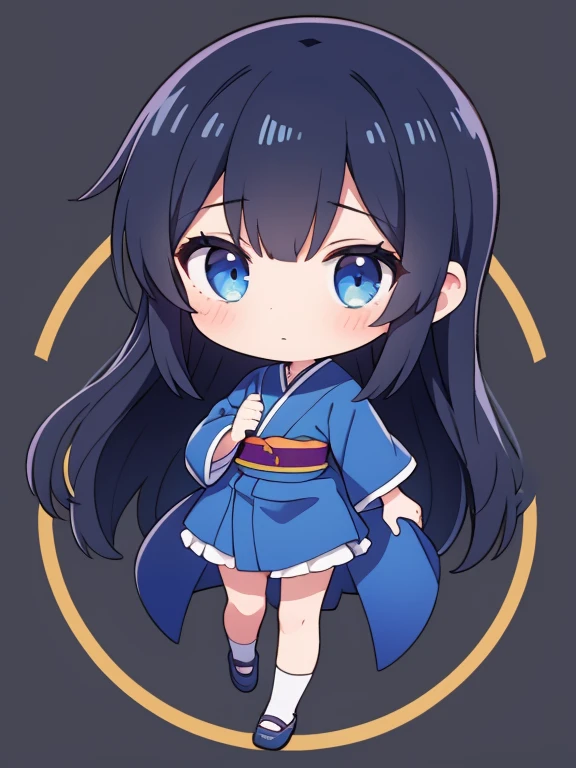 1girl,blue kimono,chibi,full body,black hair,long hair,
