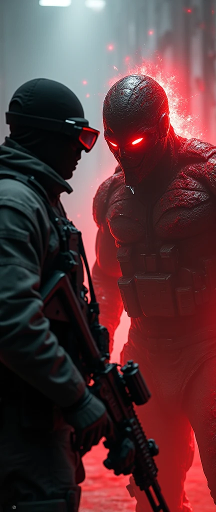F.E.A.R. operative wearing black tactical balaclava and red googles holding assault rifle is standing with the psychic commander of replica forces. Psychic commander's is glowing red and covered in blood, appereance Paxton Fettel from F.E.A.R.