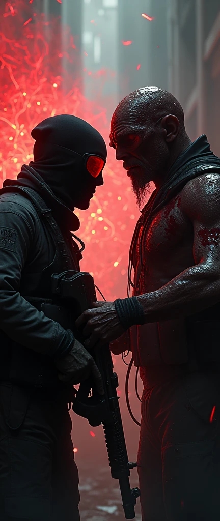 F.E.A.R. operative wearing black tactical balaclava and red googles holding assault rifle is standing with the psychic commander of replica forces. Psychic commander's is glowing red and covered in blood, appereance Paxton Fettel from F.E.A.R.