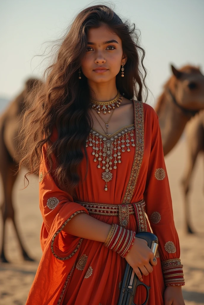 Beautiful girl with wavy long hair, rajasthani dress,  ,Right hand gun or left ,"hand water bottle, camel top"
