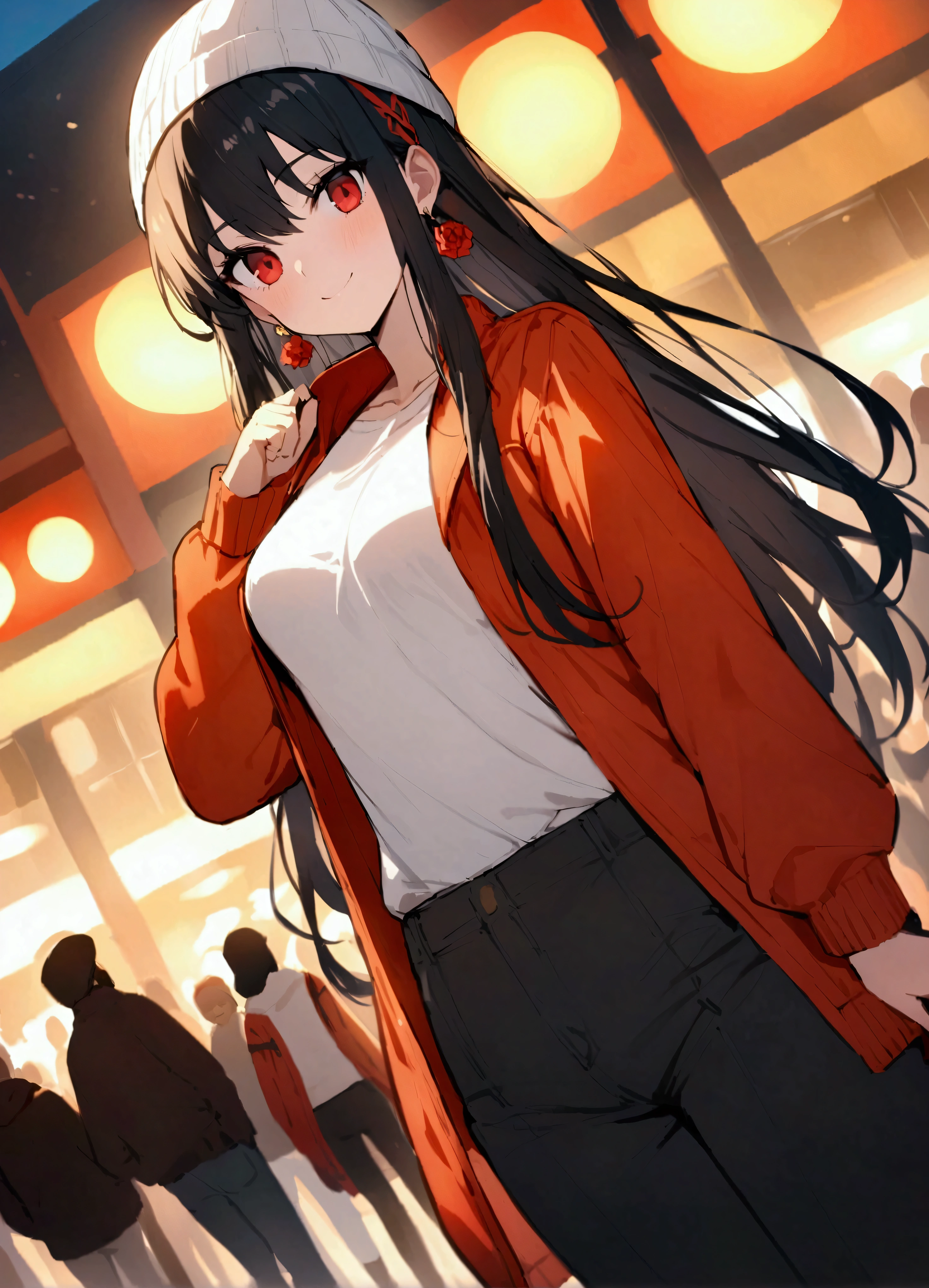 Yor briar、Black Hair、Red Eye、Earrings、白いhair band、hair band、Long Hair、Side Lock、Medium Breasted、、、レターマンJacket、Jacket、、Outdoor、crowd、people々、in、目の上にin、smile、Beanie、pants、Open clothes、はだけたJacket、、Cowboy Shot、solo、Staring at the audience、Dutch Angle、