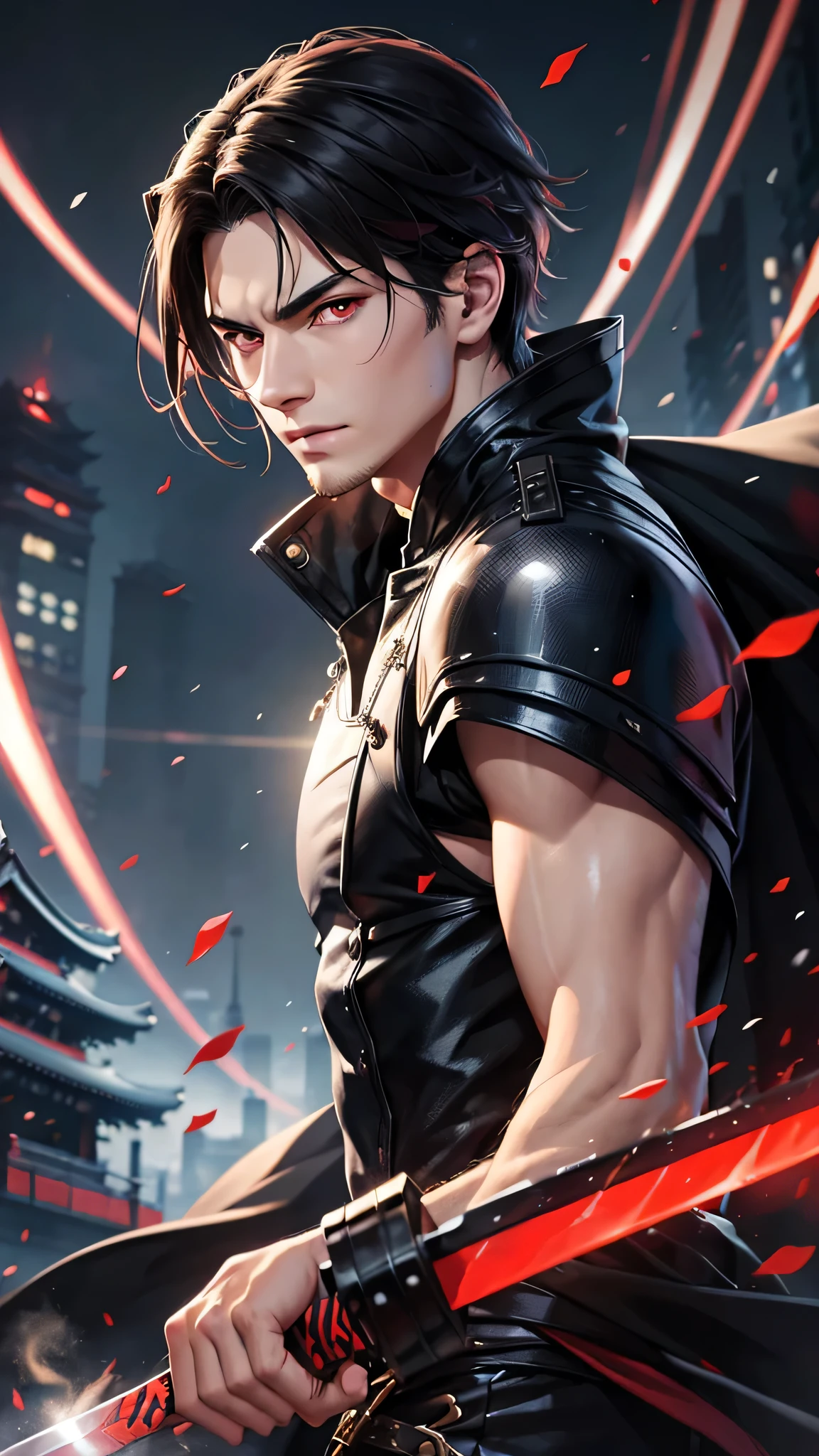 最high quality、Best image quality、masterpiece、male((18-year-old、slender、Stubble、Holding a sword、Ninja clothing、Red eyes、Cool hairstyle、Black Hair、Fighting Pose))high quality、Beautiful art、background((Tokyo,Neon Town)),Tabletop、Exquisite design、Visual Arts、Written boundary depth、Best lighting、Highest detail、8k