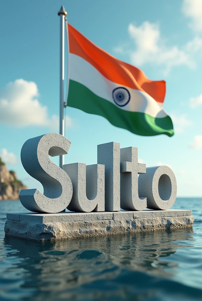 Name "Sulto" real 3D sea Island background with big Indian flag , stone text capital big Sulto, stone peal. stylish in front 3D rendering, typography, 3d render, poster, fashion