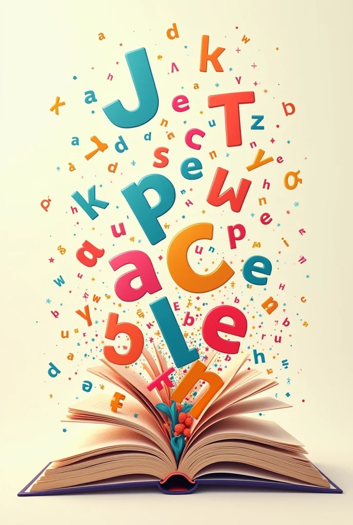Make me an image of letters coming out of a book, small and brightly colored