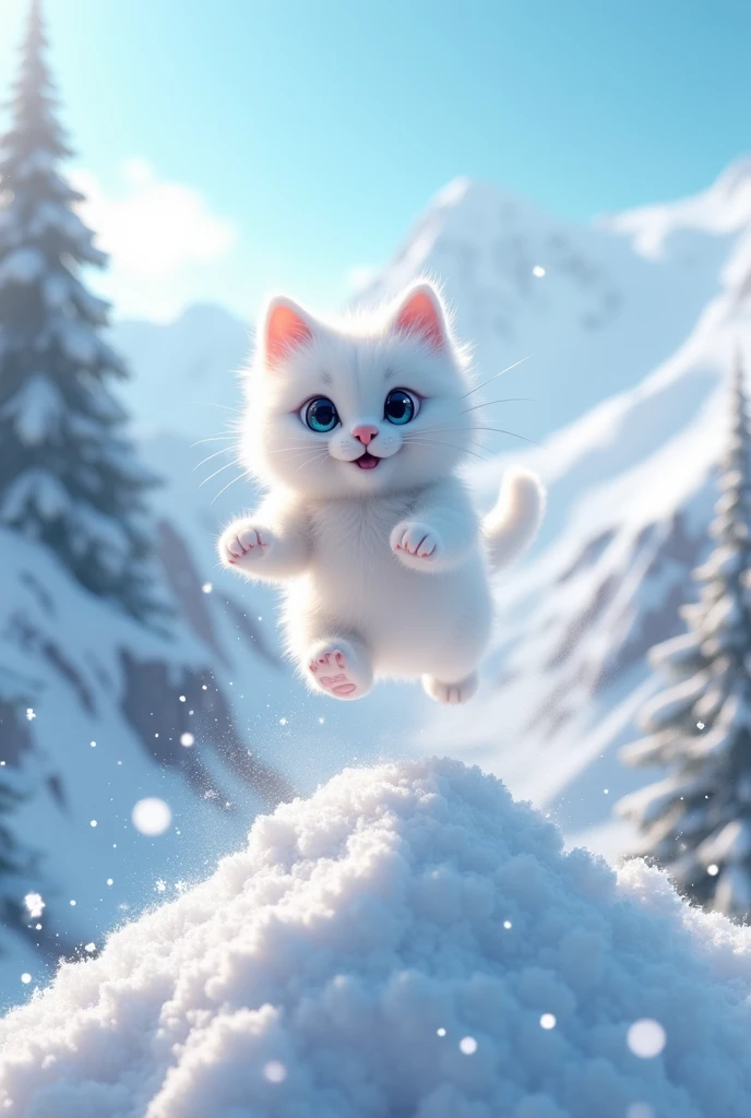 Cute snow cat, Jumping off an avalanche