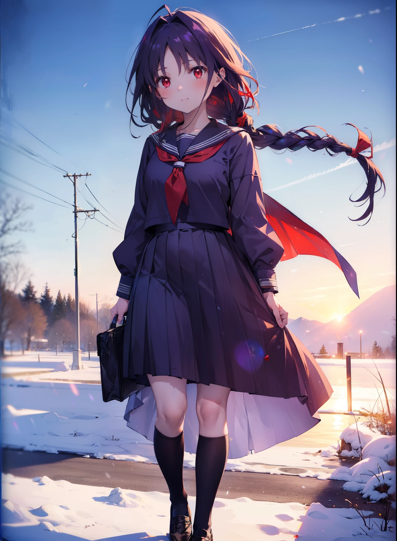 yuukikonno, Yuuki Konno, hair band, Long braids, Pointed Ears, Purple Hair, (Red eyes:1.5), (Small breasts:1.2),smile,blush,Red scarf,Purple sailor uniform,Purple pleated skirt,Black pantyhose,Brown loafers,snowが積もっている,snowが降っている,snow,snow,snow,snow, Walking,whole bodyがイラストに入るように,
break looking at viewer, whole body,
break outdoors, School,courtyard,
break (masterpiece:1.2), Highest quality, High resolution, unity 8k wallpaper, (figure:0.8), (Beautiful attention to detail:1.6), Highly detailed face, Perfect lighting, Highly detailed CG, (Perfect hands, Perfect Anatomy),