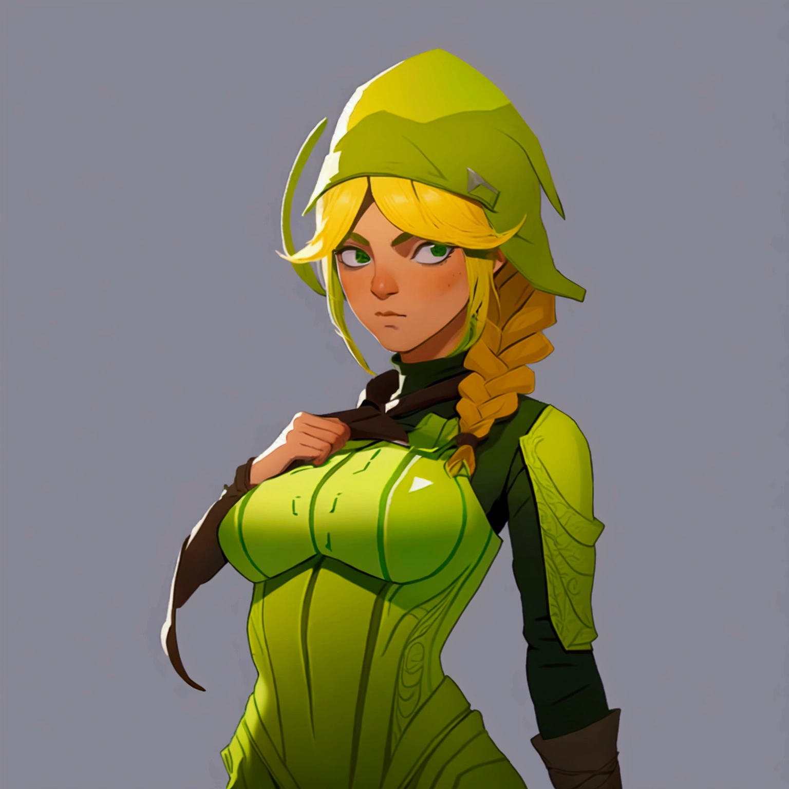 concept art, European and American comics, game character design, RPG Fantasy Game Characters, solo, 20-year-old European woman, blonde hair, golden hair, long hair, braid (((Lime green fabric combat suit))),white background, Brown eyebrows ,holding a bow,black eye, Focused on the upper body, Make your face look bigger,((Draw only up to the waistline))), (((Zoom in so the face is clearly visible))), (((Focused on the upper body))), Lime green short-sleeved top, Hooded hat, Brown corset, Lime green gloves, Brown waist belt, The belt buckle is lime green, Short lime green skirt, holding a bow, Wearing a r,