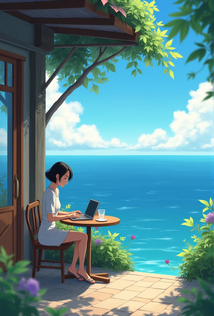 Woman sitting on the cafe porch overlooking the sea,Working on a laptop,You can see the horizon of the sea,por Miyazaki, makoto shinkai cyril rolando, incredible miyazaki, miyazaki animated film, studio ghibli art style, cute anime dinner, miyazaki film, The style of Hayao Miyazaki, Inspired por Miyazaki, miyazaki film, ghibli artstyle