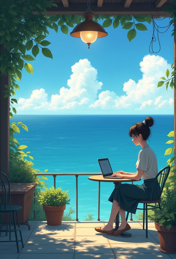 Woman sitting on the cafe porch overlooking the sea,Working on a laptop,You can see the horizon of the sea,por Miyazaki, makoto shinkai cyril rolando, incredible miyazaki, miyazaki animated film, studio ghibli art style, cute anime dinner, miyazaki film, The style of Hayao Miyazaki, Inspired por Miyazaki, miyazaki film, ghibli artstyle