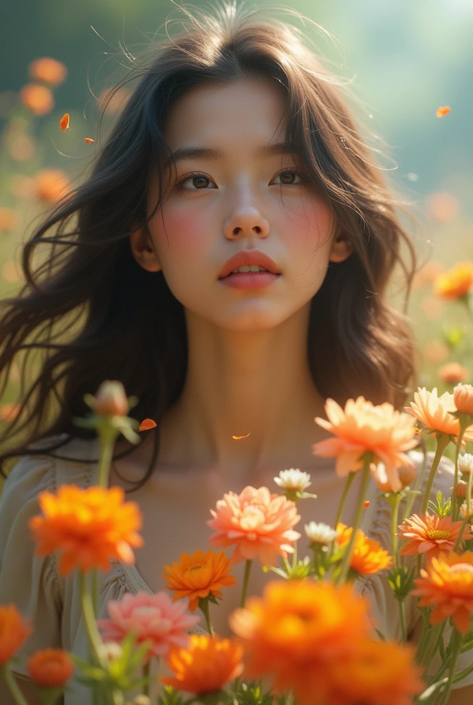 A slightly blurry image with free smile open hair 20 years gilr look into the flower