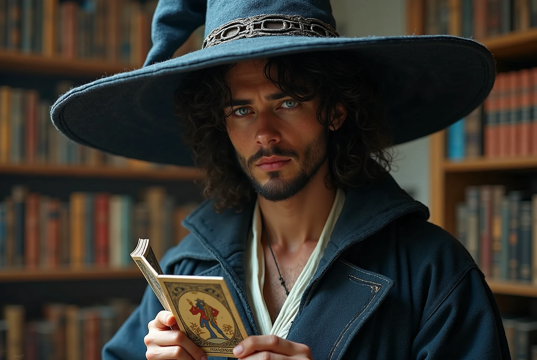 25 years old french male, tall, crop top kimono, mid-long curly hair with some blue highlights, bright blue eyes, short beard, young adult wizard, massive giant pointy hat, wizard hat, ((holding tarot cards):1.2), in a library, super realistic, ultra detailed