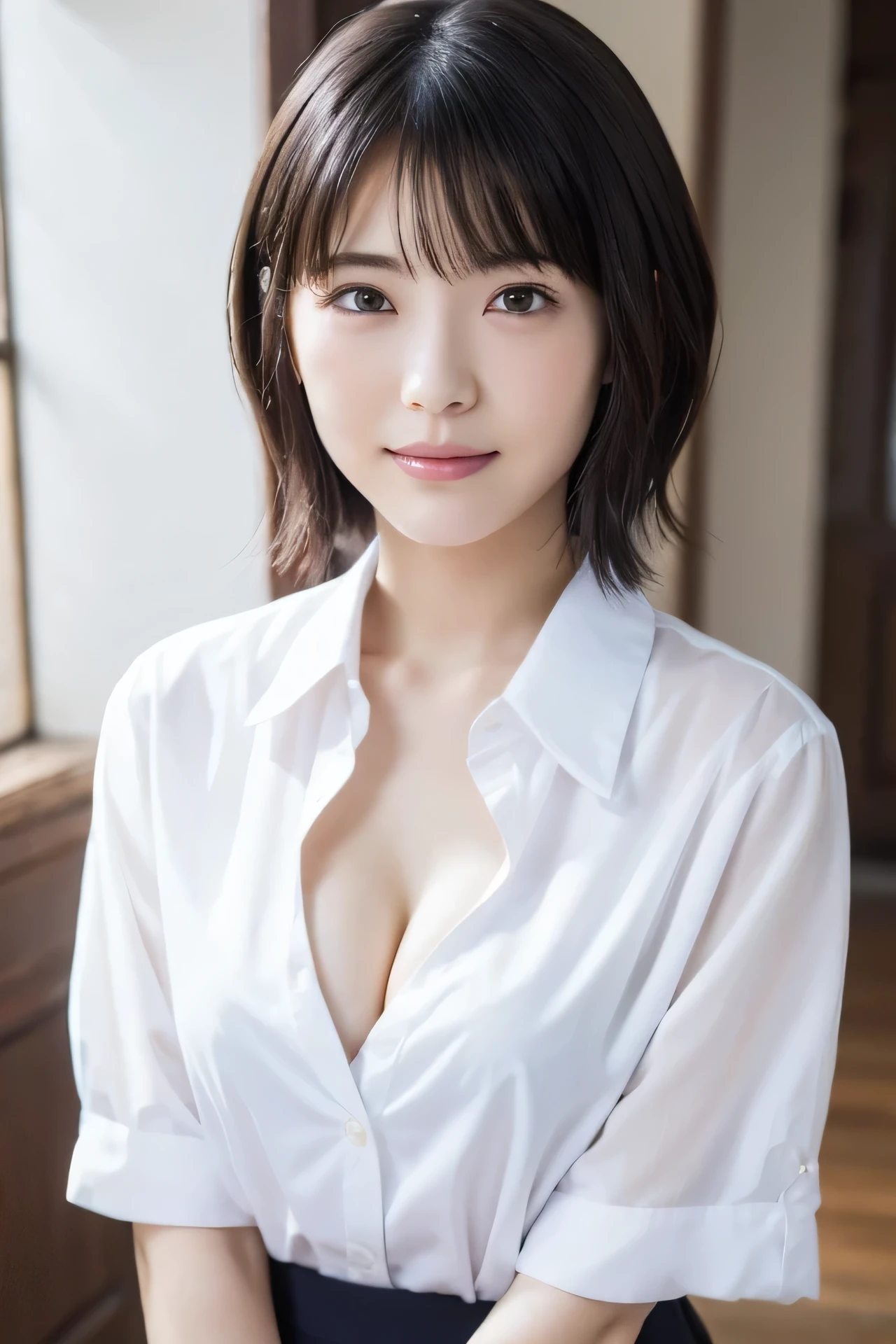 (Super Beauty:1.2), A woman with a clean image, masterpiece, Highest quality, Great Skin, Delicate face, Cool smile, Young Face, Clean look, of、High school girl's uniform、White Shirt Blouse、((White collar、Cleavage))、Short sleeve、navy blue pleated skirt、Sparkling eyes, double eyelid, Ample breasts、 ((High resolution)), ((Highly detailed CG Unity 8K wallpapers)), short hair, bangs, An elegant, rounded bob, The face is tilted、Facing straight ahead、 captivating and mesmerizing, Dimly lit room, sentimental、
