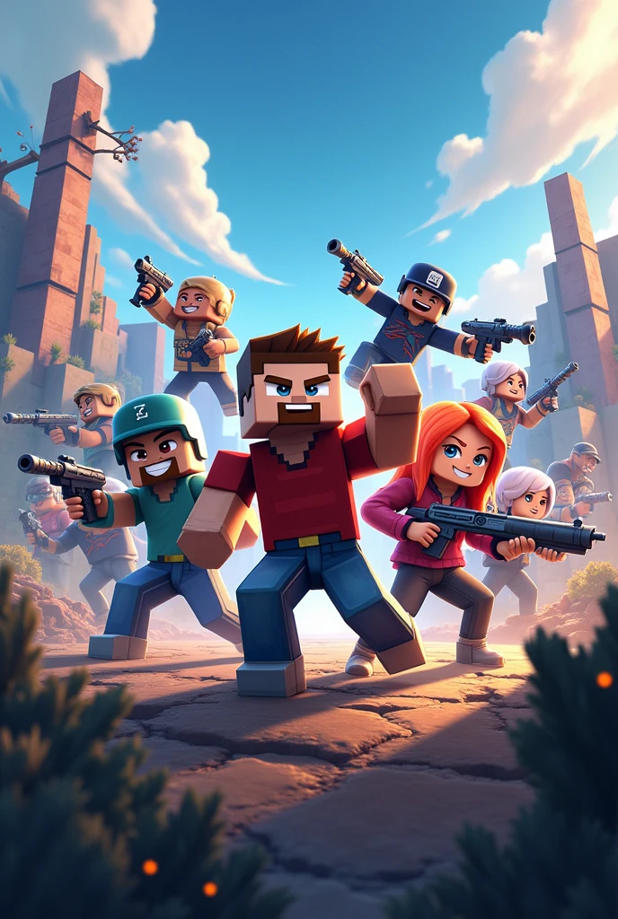 Generate me a banner that contains images of minecraft, free fire weapons and mobile legends characters