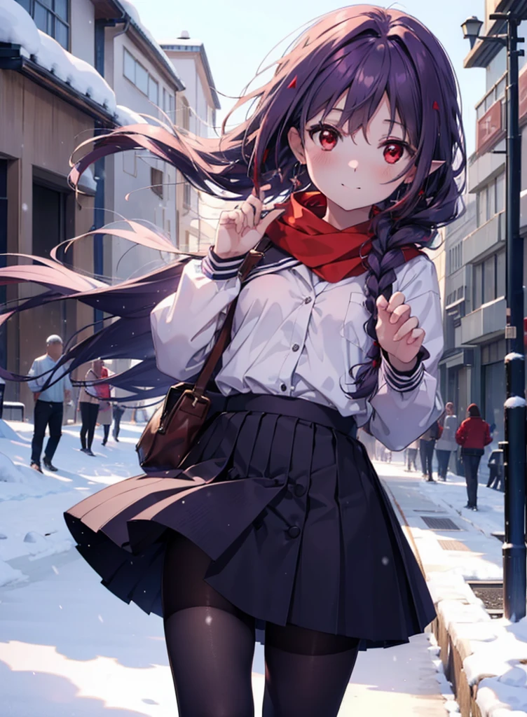 yuukikonno, Yuuki Konno, hair band, Long braids, Pointed Ears, Purple Hair, (Red eyes:1.5), (Small breasts:1.2),smile,blush,Red scarf,Purple sailor uniform,Purple pleated skirt,Black pantyhose,Brown loafers,snowが積もっている,snowが降っている,snow,snow,snow,snow, Walking,whole bodyがイラストに入るように,
break looking at viewer, whole body,
break outdoors, School,courtyard,
break (masterpiece:1.2), Highest quality, High resolution, unity 8k wallpaper, (figure:0.8), (Beautiful attention to detail:1.6), Highly detailed face, Perfect lighting, Highly detailed CG, (Perfect hands, Perfect Anatomy),