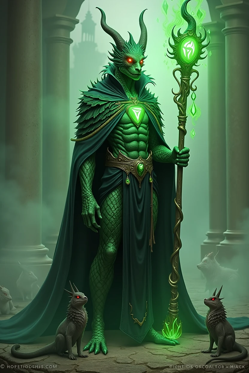 Create a half-dragon creature with green scales and red eyes, humanoid,with a wizard's clothes a black cloak with green details,with an aura of green power, holding a staff, and with creatures as a mascot