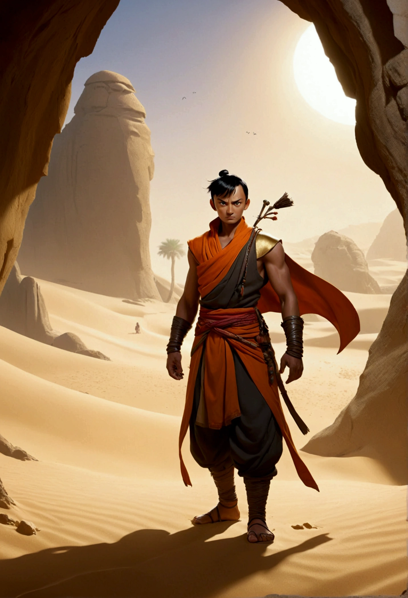 Alibaba, a rugged yet noble-looking hero, stands in a desert landscape with a determined expression. Behind him, a dark, looming cave entrance can be seen, partially obscured by sand. The silhouettes of the Forty Thieves are faintly visible, blending into the shadows.