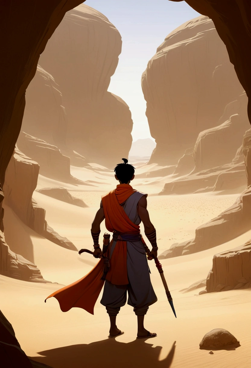 Alibaba, a rugged yet noble-looking hero, stands in a desert landscape with a determined expression. Behind him, a dark, looming cave entrance can be seen, partially obscured by sand. The silhouettes of the Forty Thieves are faintly visible, blending into the shadows.