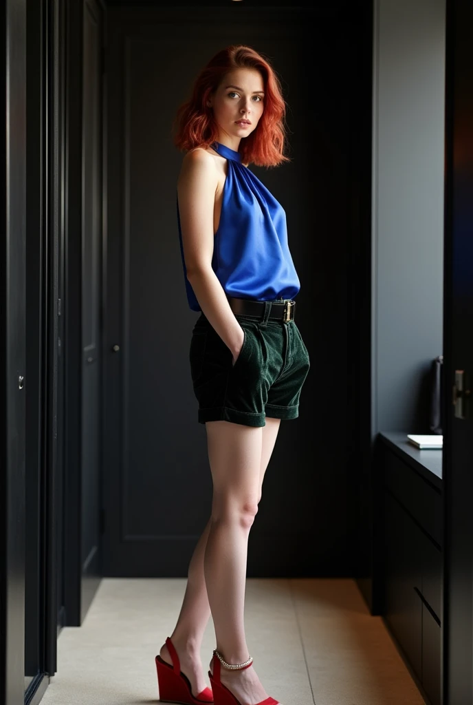 Full body shot,170cm tall 24-year-old woman with vibrant maroon side part layered medium-length wavy hair, very pale skin, blue eyes, wearing a sapphire blue silk halter full length top, black velvet shorts with a green sheen, a thick black belt around waist over top, and red wedge sandals standing in a chic black large walk in closet, cinematic lighting