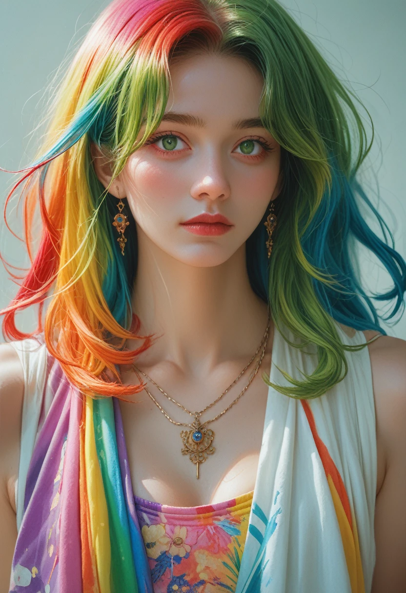 Close-up of a woman with colorful hair and necklace, Anime girl with space hair, soft vitality Rossdraws, work in Gouves style, fantasy art style, colorful], bright fantasy style, Ross draws a cartoon full of vitality, universe and colorful, Gouvez, colorful digital fantasy art, amazing art style, beautiful anime style, White skin, Hulk clothes