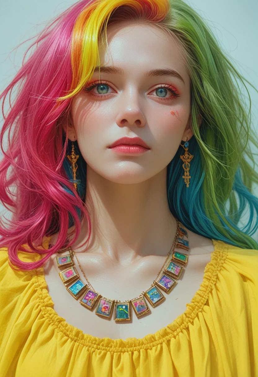Close-up of a woman with colorful hair and necklace, Anime girl with space hair, soft vitality Rossdraws, work in Gouves style, fantasy art style, colorful], bright fantasy style, Ross draws a cartoon full of vitality, universe and colorful, Gouvez, colorful digital fantasy art, amazing art style, beautiful anime style, White skin, Hulk clothes