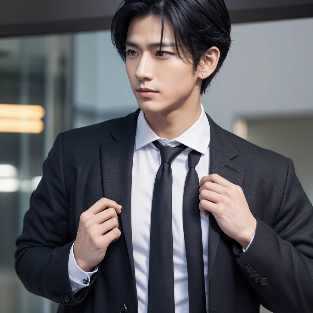 handsome black hair Muscular up Wear a black collared shirt With a sharp expression Pull up your hair A little more mature The gesture of loosening a tie