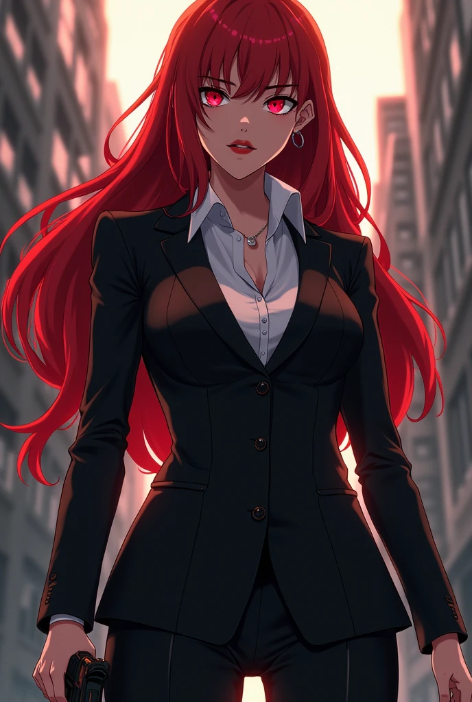 A blasian girl with long fluffy red hair. She has a black suit with a white shirt and black waistcoat. She carries a handgun on her. She has crimson eyes. This should be in the Anime ‘Bungo Stray Dogs’ drawing style