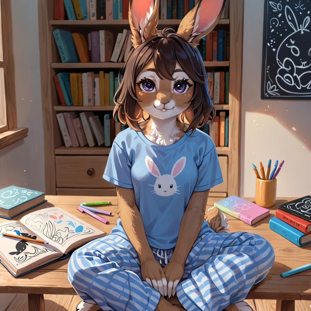 three-quarter portrait, front view, looking at viewer,

hare, cute, sitting, T-shirt, pajama pants, drawing in a book, fantasy chalk drawings in the background,

[by peronalami:by jaynaylor:0.75], best quality, detailed, 
