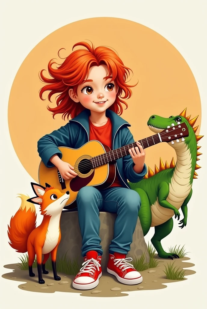 Illustration drawing of a boy with long, red hair, with light brown eyes, wearing a red t-shirt with a blue jacket , jeans and red tennis shoes, Sitting on a stone, playing guitar, to his right a green and white dinosaur with golden spines, to his left an orange and white fox with its mouth open with an orange and white background