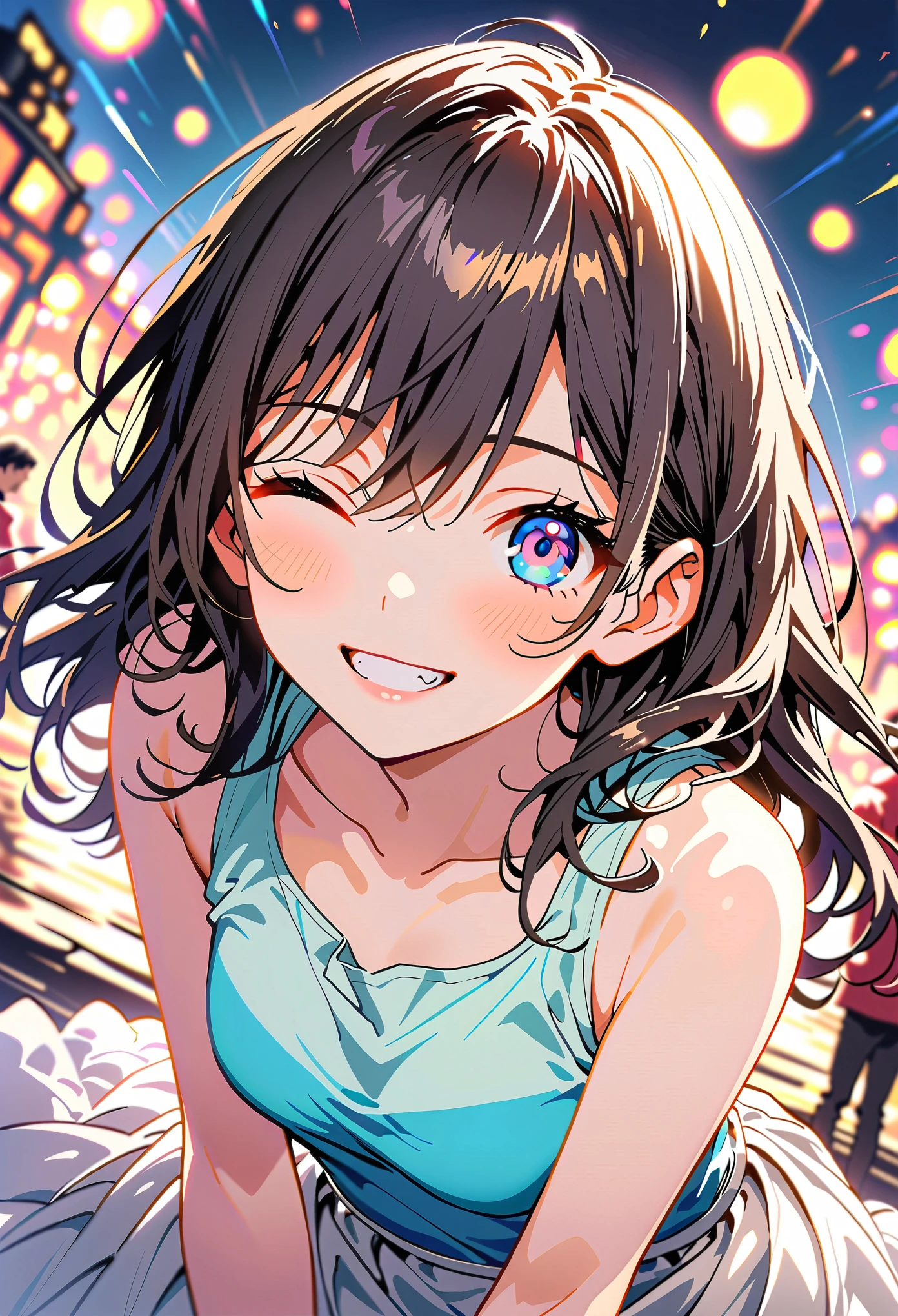 masterpiece, Highest quality, Highly detailed CG Unity 8k wallpaper, High School Girl Anime Illustration. Wear an oversized tank top、Standing in honorポーズをする、crossed armsポーズをする、she has her eyes closed and mouth open, big smile. The background is a light pastel colored landscape, black hair color, Blue eyes, Dynamic Angle、bokeh photography, (soft focus):1.2, out-of-focus highlights, dreamy ambiance, glowing circles, mesmerizing depth, Depth of written boundary