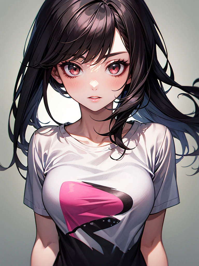 long straight black hair, brown eyes, Sharp features, white skin, pink lips, perfect, t-shirt, simple background, 1 girl,