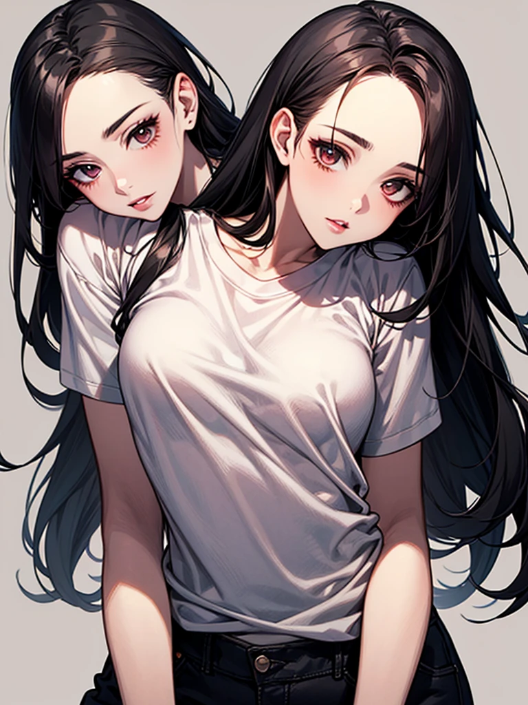 long straight black hair, brown eyes, Sharp features, white skin, pink lips, perfect, t-shirt, simple background, 1 girl,