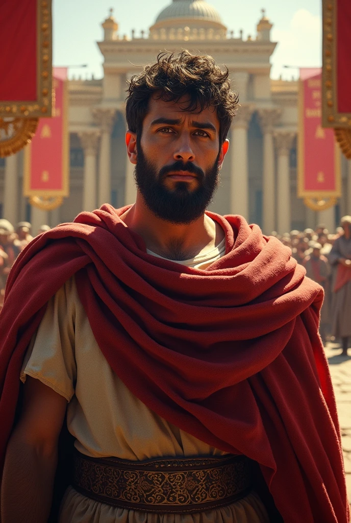 A detailed view of Pontius Pilate standing in front of a Roman palace, his face showing a mix of resolve and uncertainty. The background includes Roman banners and architecture, capturing the tension and expectations of his new role as governor. -ar 16:9