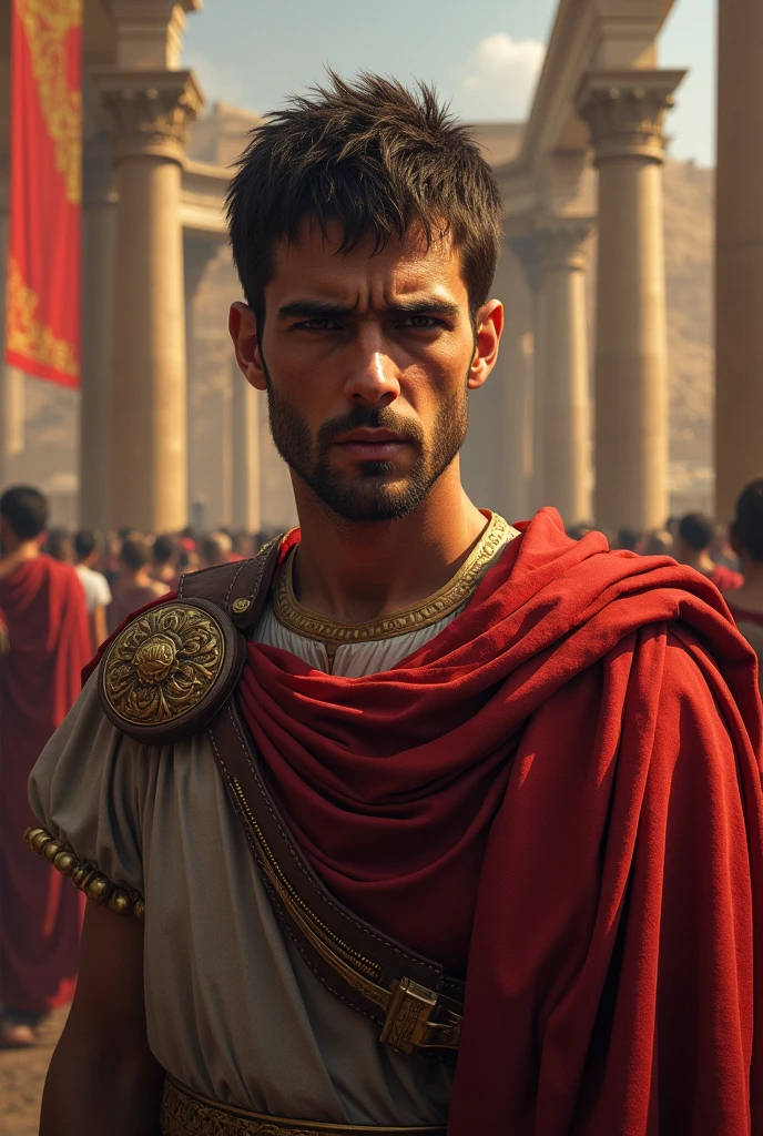 A detailed view of Pontius Pilate standing in front of a Roman palace, his face showing a mix of resolve and uncertainty. The background includes Roman banners and architecture, capturing the tension and expectations of his new role as governor. -ar 16:9